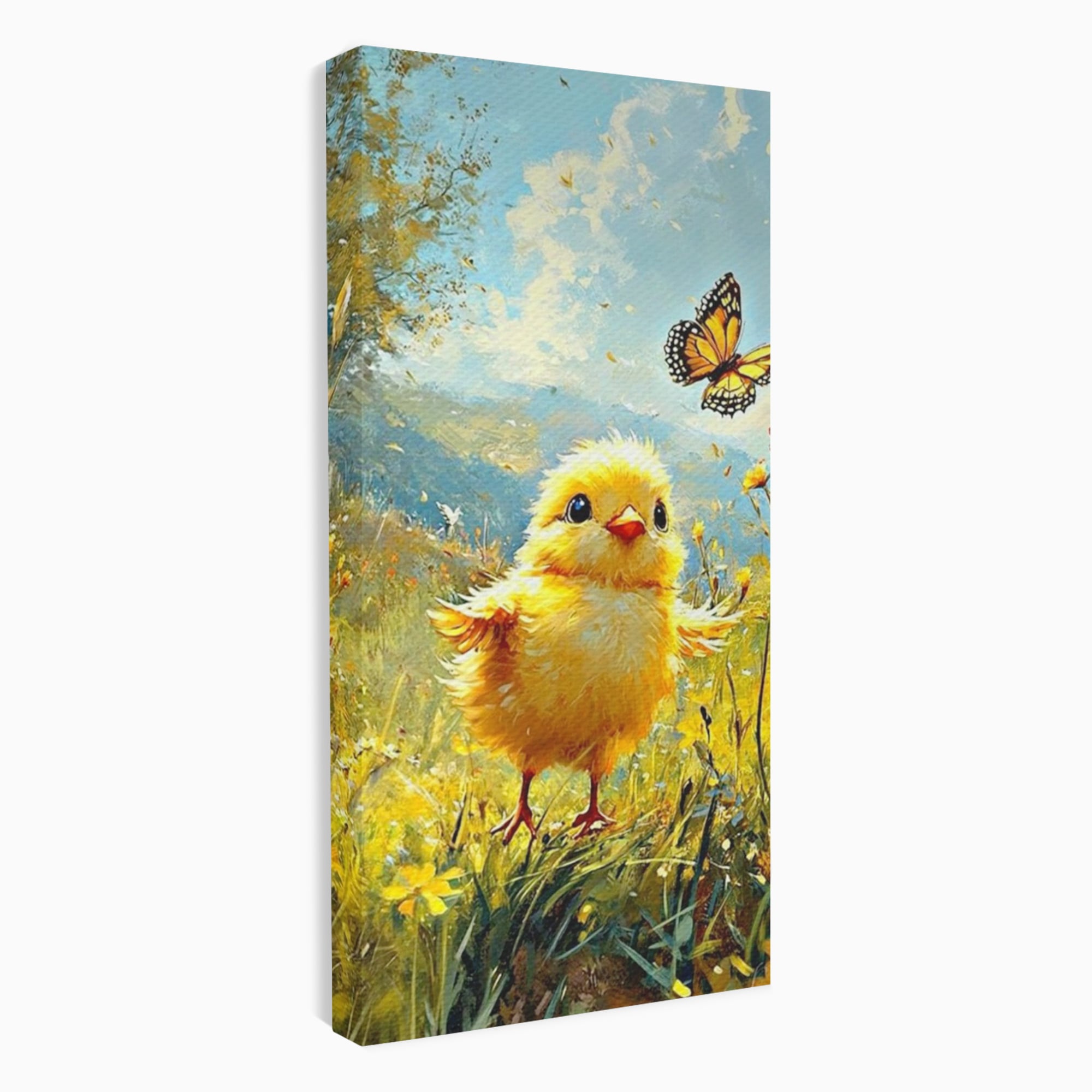 Tablou canvas cu tablou canvas cu pui de pasare si fluture, fara rama, pe sasiu de lemn